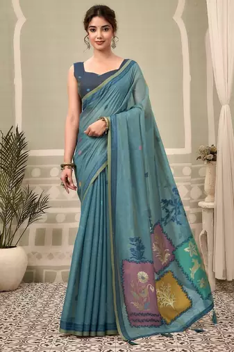 blue premium cotton blend natural texture saree