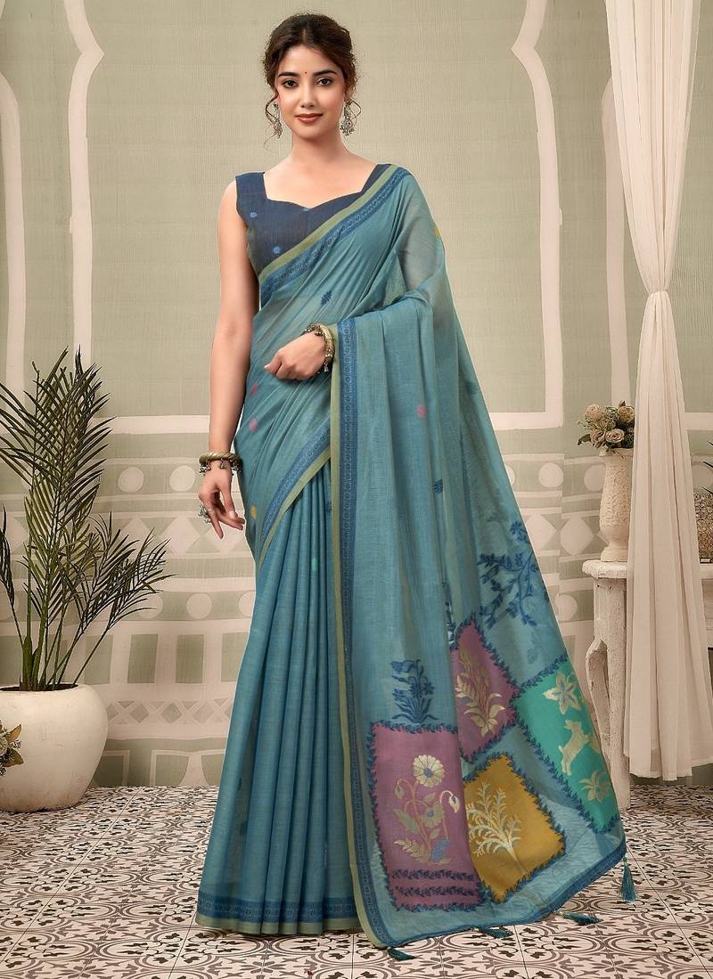 Blue premium cotton natural texture saree