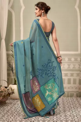 blue premium cotton blend natural texture saree