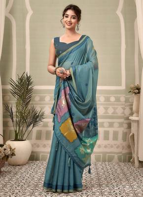 blue premium cotton blend natural texture saree 3