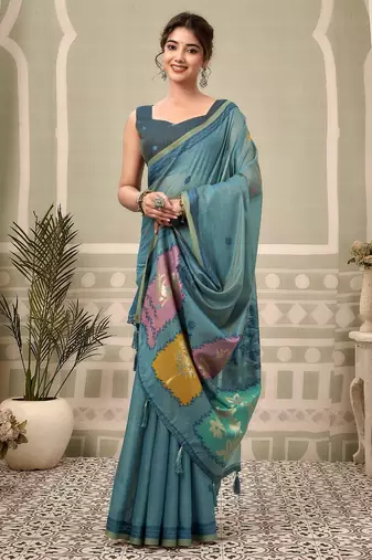 blue premium cotton blend natural texture saree