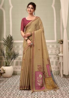beige premium cotton blend natural texture saree 1