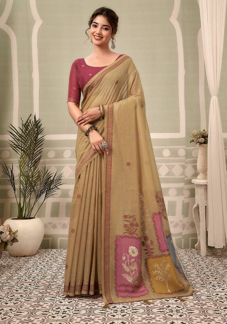 beige premium cotton blend natural texture saree