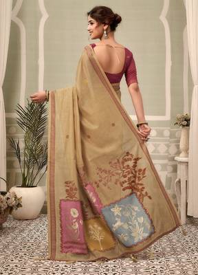 beige premium cotton blend natural texture saree 3