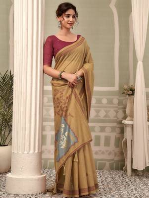 beige premium cotton blend natural texture saree 4