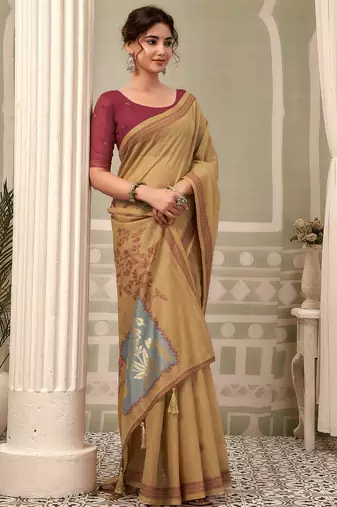 beige premium cotton blend natural texture saree