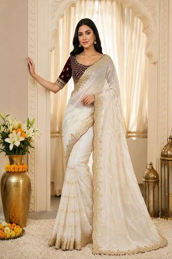 women's satin silk blend with elegant border party wear designer saree