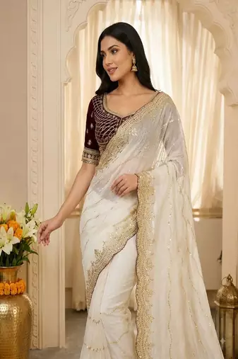 women's satin silk blend with elegant border party wear designer saree