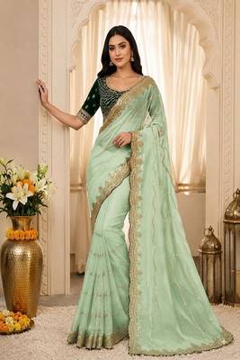 women's satin silk blend with elegant border party wear designer saree 1