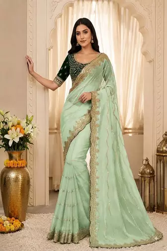 women's satin silk blend with elegant border party wear designer saree