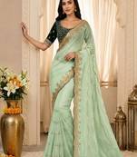 women's satin silk blend with elegant border party wear designer saree