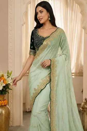 women's satin silk blend with elegant border party wear designer saree