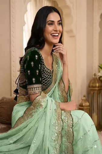 women's satin silk blend with elegant border party wear designer saree