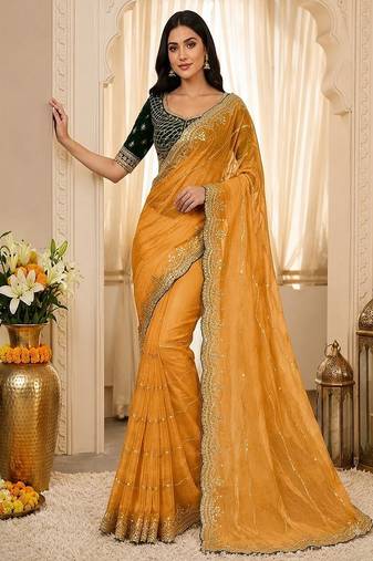 women's satin silk blend with elegant border party wear designer saree