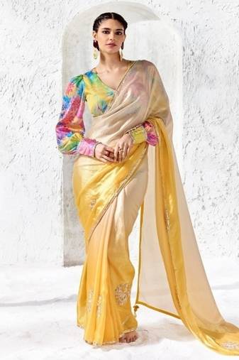 Cream premium luxe silk blend & organza designer saree