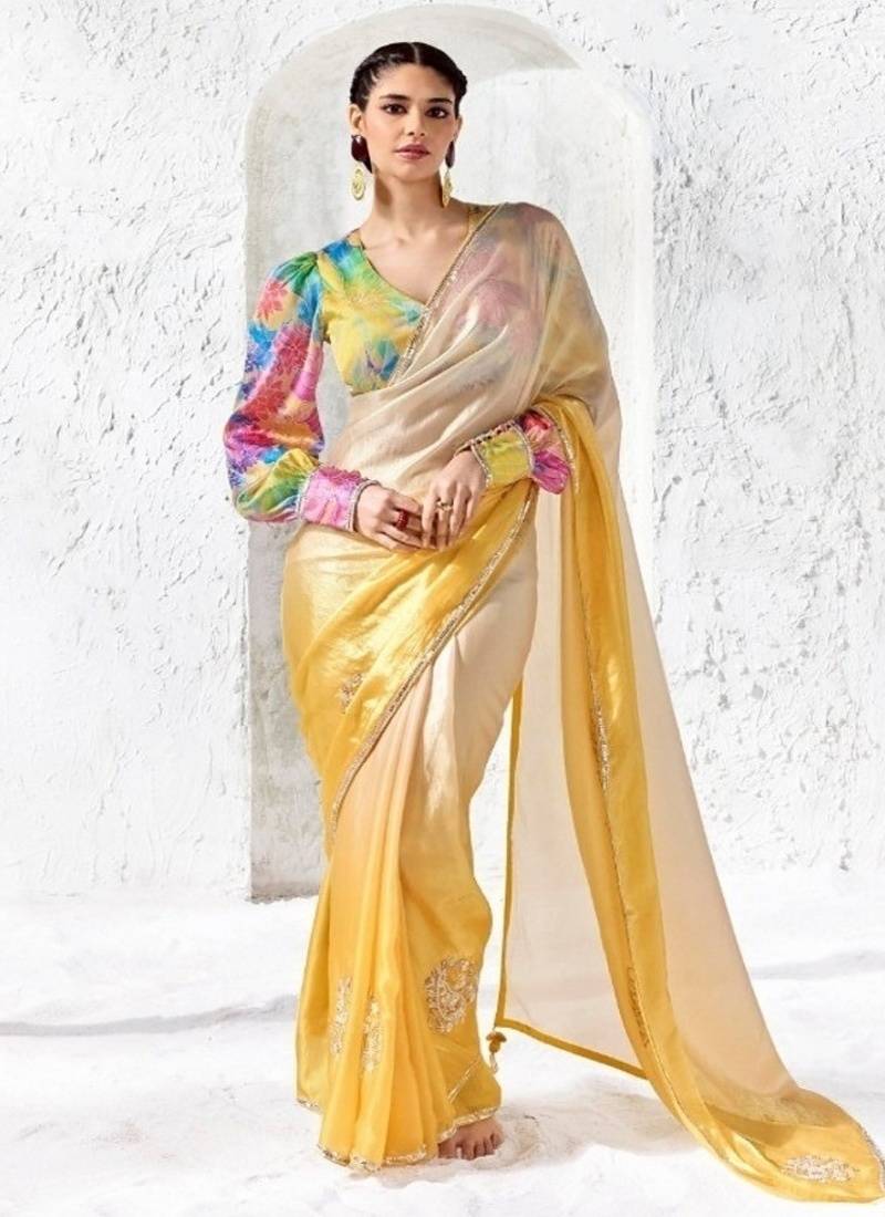 Cream premium luxe silk blend & organza designer saree