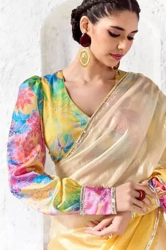Cream premium luxe silk blend & organza designer saree