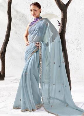Blue premium luxe silk blend & organza designer saree 1