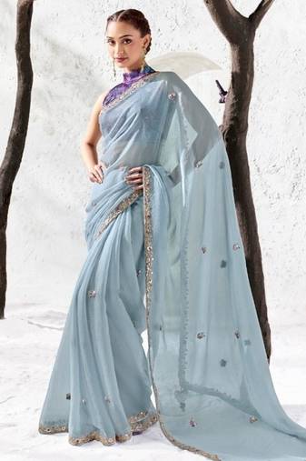 blue silk blend designer saree