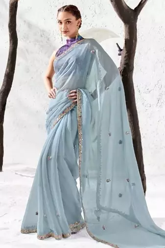 Blue premium luxe silk blend & organza designer saree