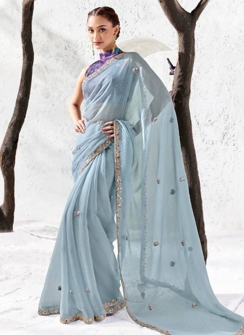 Blue premium luxe silk blend & organza designer saree