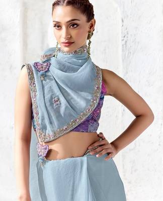 Blue premium luxe silk blend & organza designer saree 2
