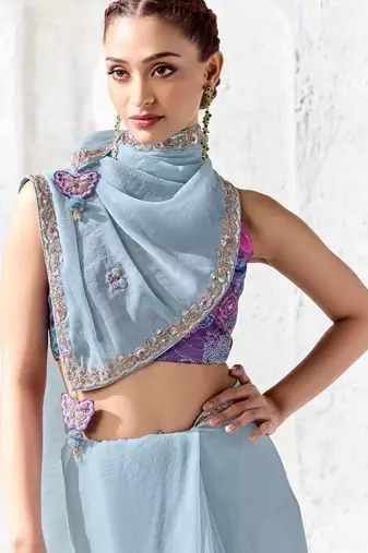 Blue premium luxe silk blend & organza designer saree