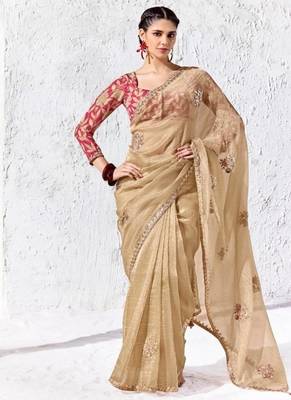Beige premium luxe silk blend & organza designer saree 1