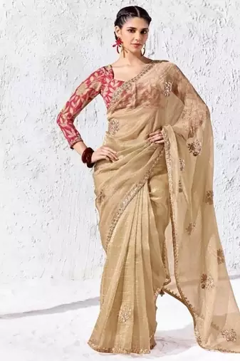 Beige premium luxe silk blend & organza designer saree