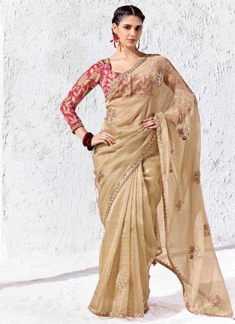 Beige premium luxe silk blend & organza designer saree