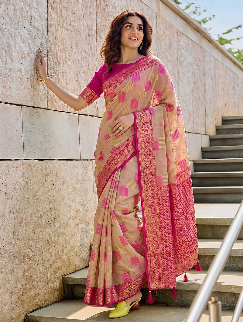 Beige designer woven saree with matching blouse