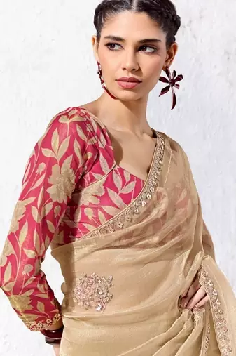 Beige premium luxe silk blend & organza designer saree