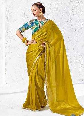 Yellow premium luxe silk blend & organza designer saree 1