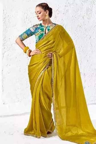 Yellow premium luxe silk blend & organza designer saree