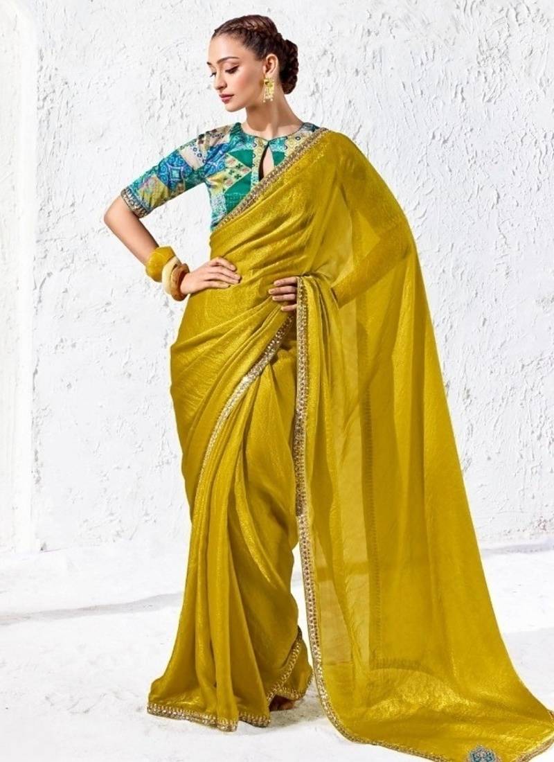 Yellow premium luxe silk blend & organza designer saree