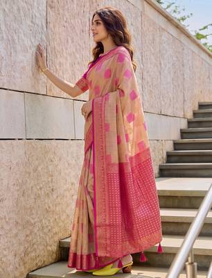 Beige designer woven saree with matching blouse 3
