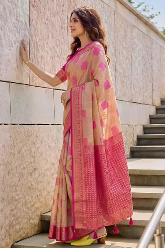 Beige designer woven saree with matching blouse
