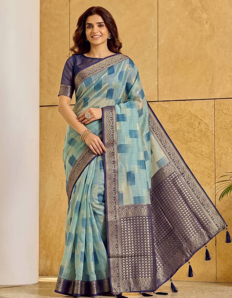 Sky blue designer woven saree with matching blouse