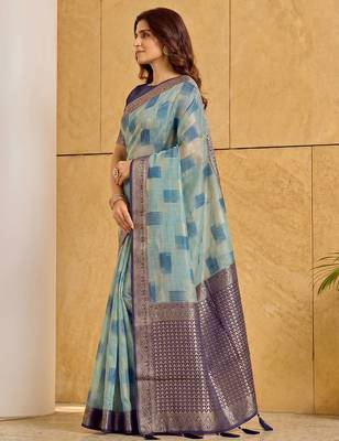 Sky blue designer woven saree with matching blouse 2