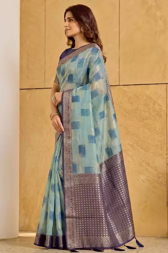 Sky blue designer woven saree with matching blouse