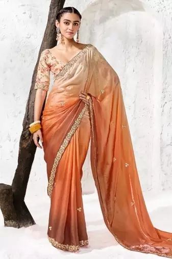Peach premium luxe silk blend & organza designer saree