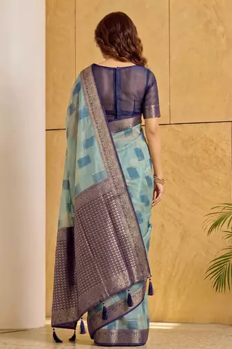 Sky blue designer woven saree with matching blouse