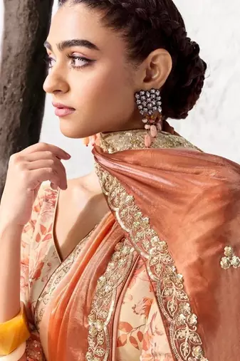 Peach premium luxe silk blend & organza designer saree
