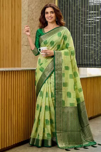 Light green designer woven saree with matching blouse