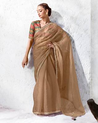 Beige premium luxe silk blend & organza designer saree 1
