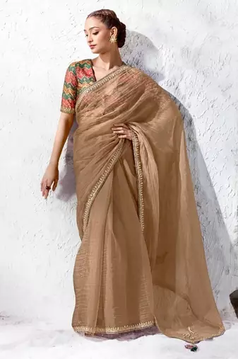 Beige premium luxe silk blend & organza designer saree