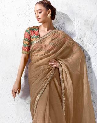 Beige premium luxe silk blend & organza designer saree 2