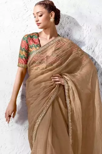 Beige premium luxe silk blend & organza designer saree