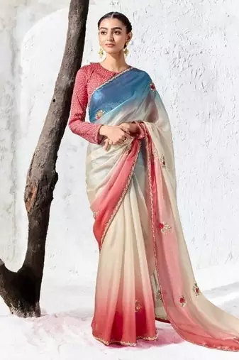 Cream premium luxe silk blend & organza designer saree