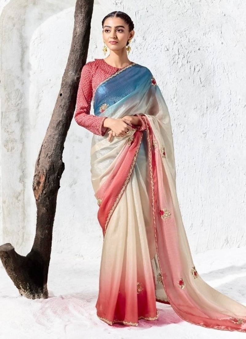 Cream premium luxe silk blend & organza designer saree